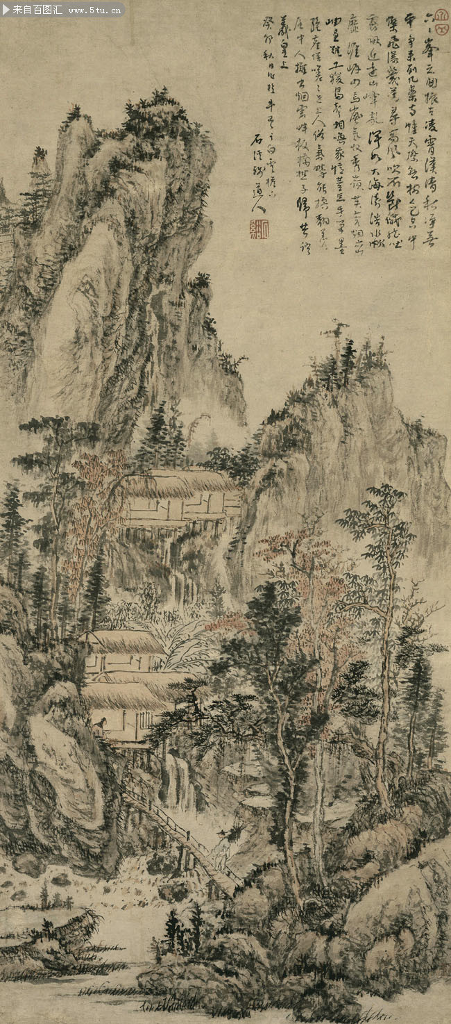 清 髡残 溪山秋雨 纸本-高清图片-百图汇设计素材