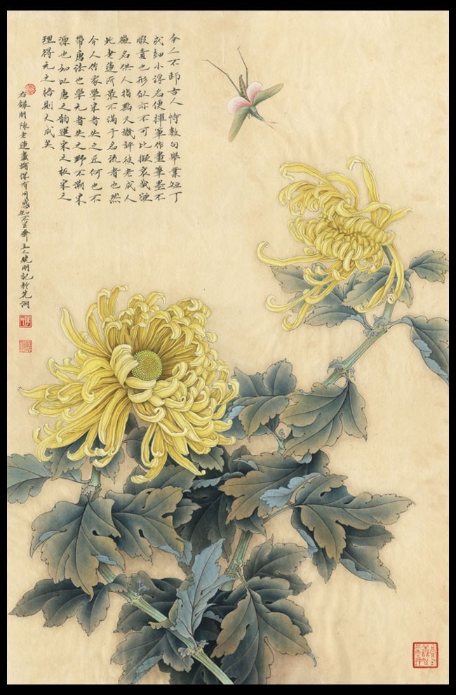 菊花蚱蜢国画