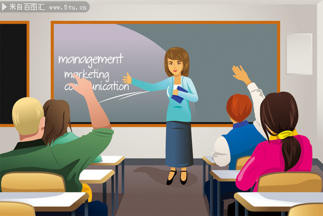 上英语课的卡通教师和学生插画图片素材