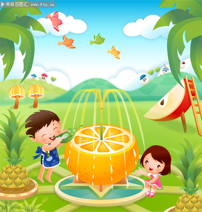 创意卡通喝橙汁矢量图片素材