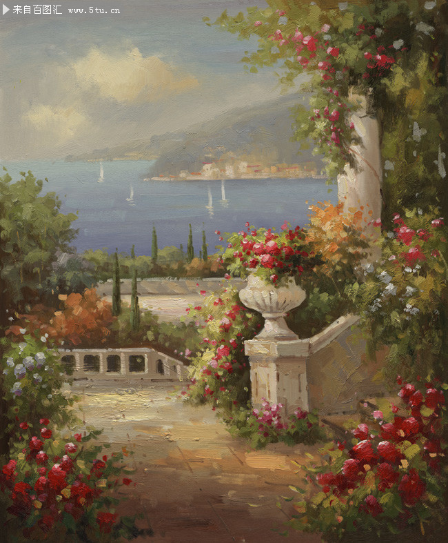 唯美花园风景油画图片