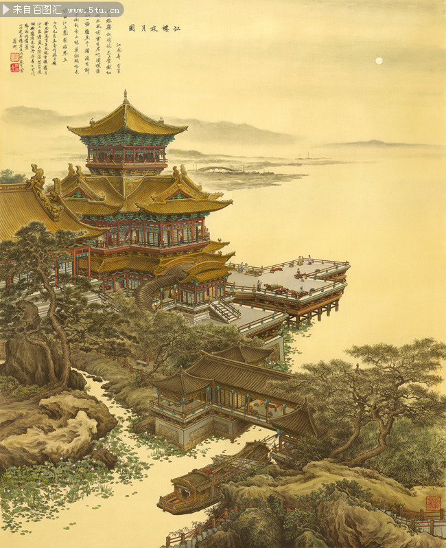 张孝友江楼夜月国画山水