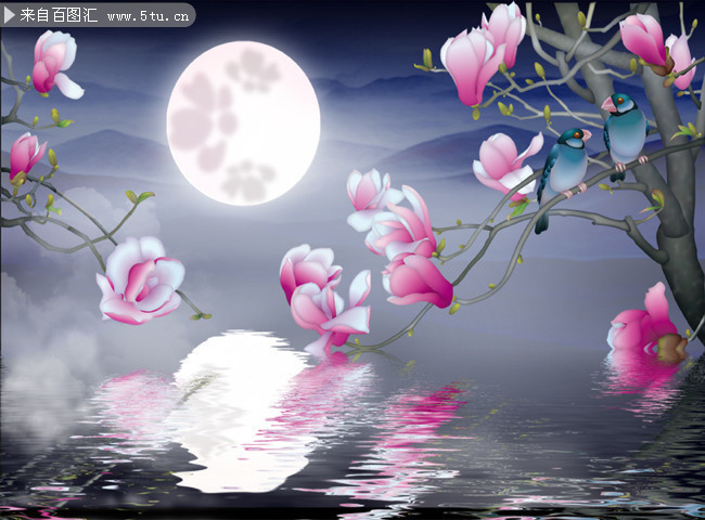 唯美月亮玉兰花背景墙图片