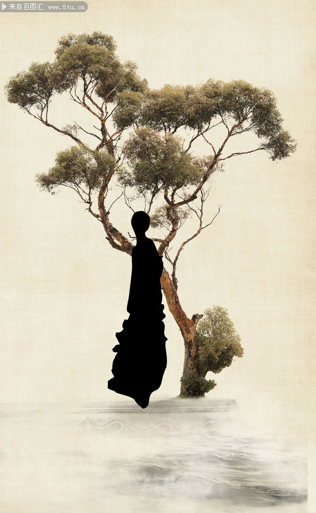 复古树和人物剪影图片素材