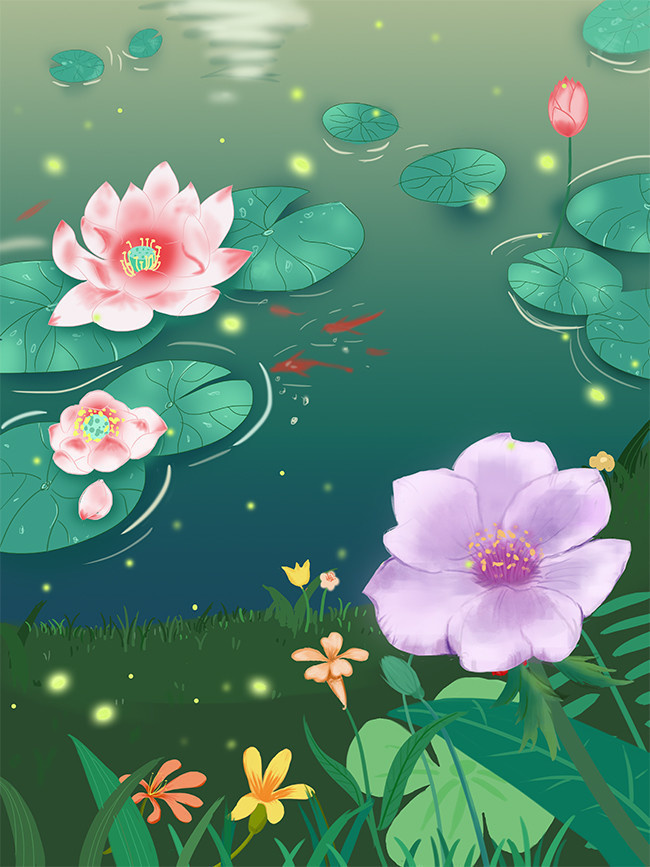 彩绘荷塘立夏海报背景