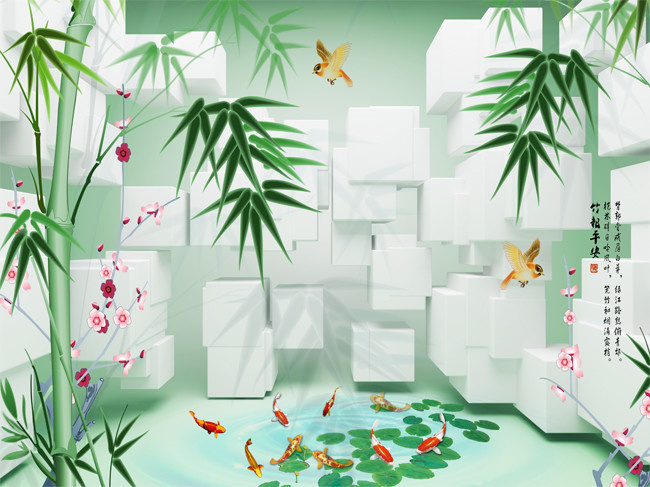 3d立体翠竹荷塘电视背景墙设计-psd素材-百图汇设计素材