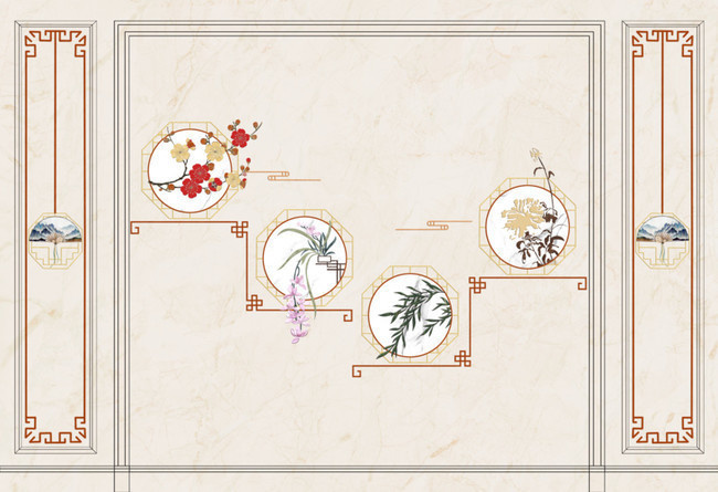 中式梅兰竹菊古风电视背景墙