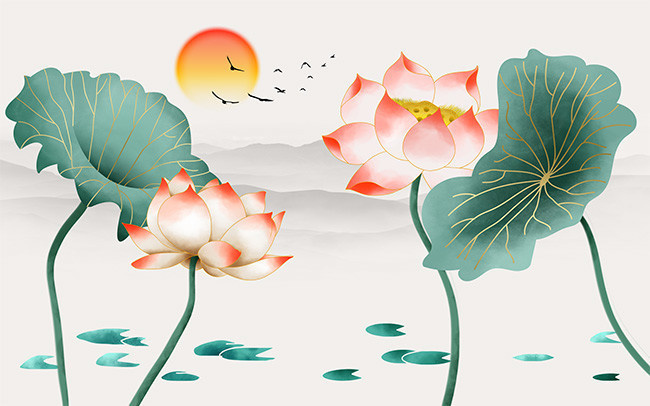 彩绘荷花装修背景墙-psd素材-百图汇设计素材