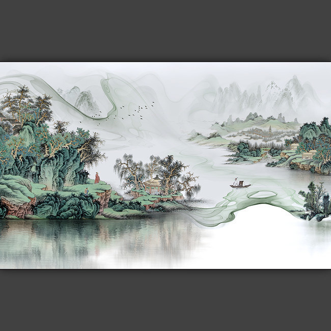 现代中式山水风景背景装饰画